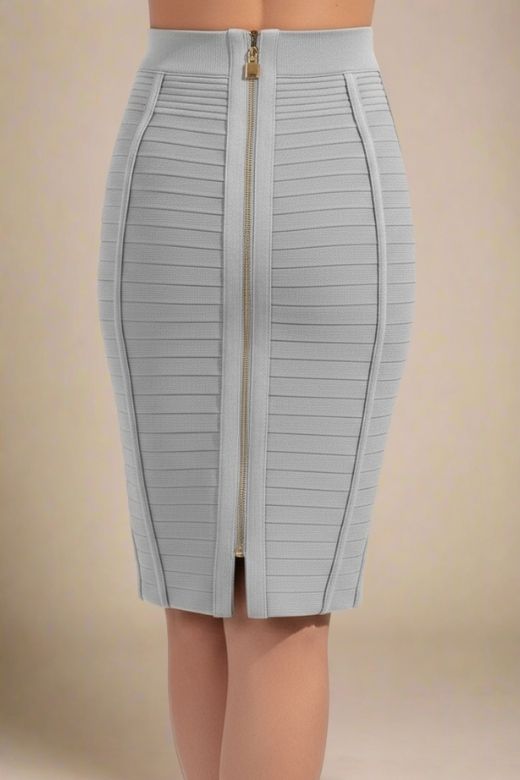 Woman wearing a figure flattering Pencil High Waist Bandage Knee Length Knitted Skirt - Steel Grey BODYCON COLLECTION