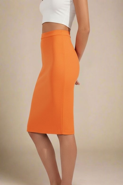 Woman wearing a figure flattering Pencil High Waist Bandage Knee Length Skirt - Apricot Orange BODYCON COLLECTION
