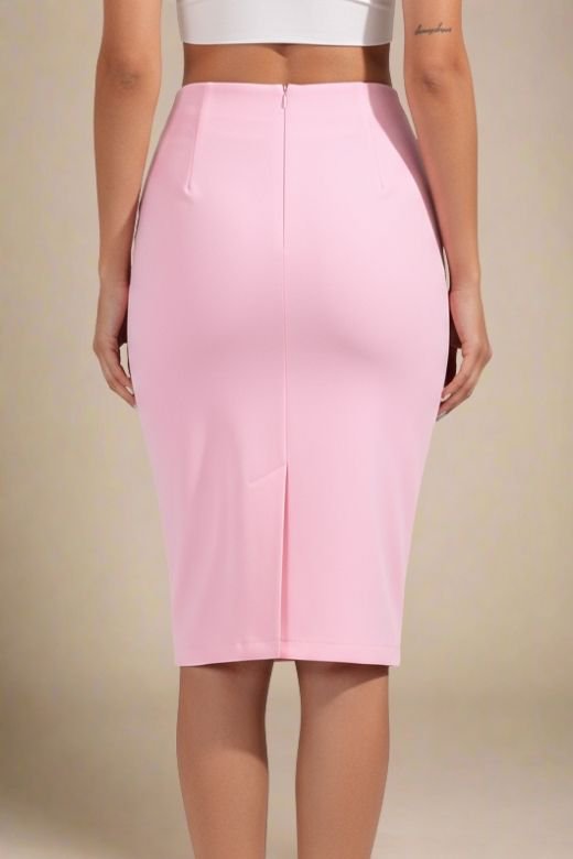Woman wearing a figure flattering Pencil High Waist Bandage Knee Length Skirt - Blush Pink BODYCON COLLECTION