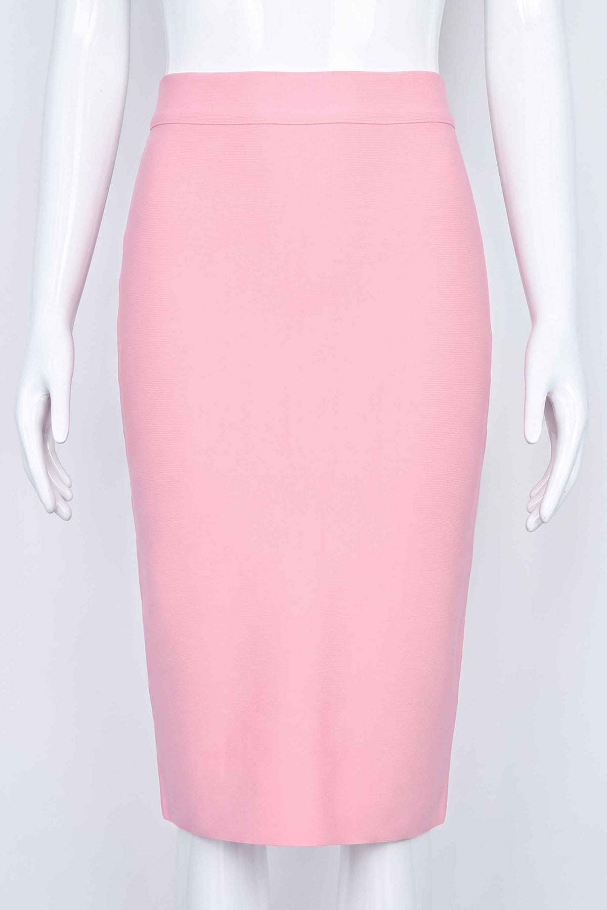 Woman wearing a figure flattering Pencil High Waist Bandage Knee Length Skirt - Blush Pink BODYCON COLLECTION