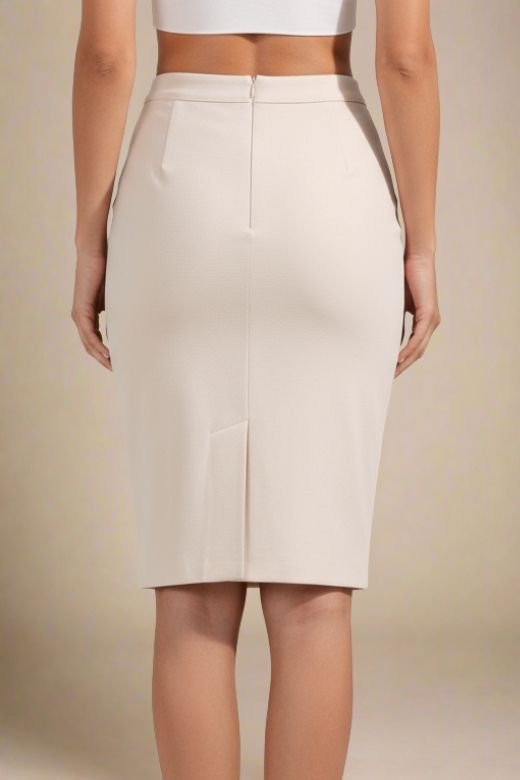 Woman wearing a figure flattering Pencil High Waist Bandage Knee Length Skirt - Cream BODYCON COLLECTION