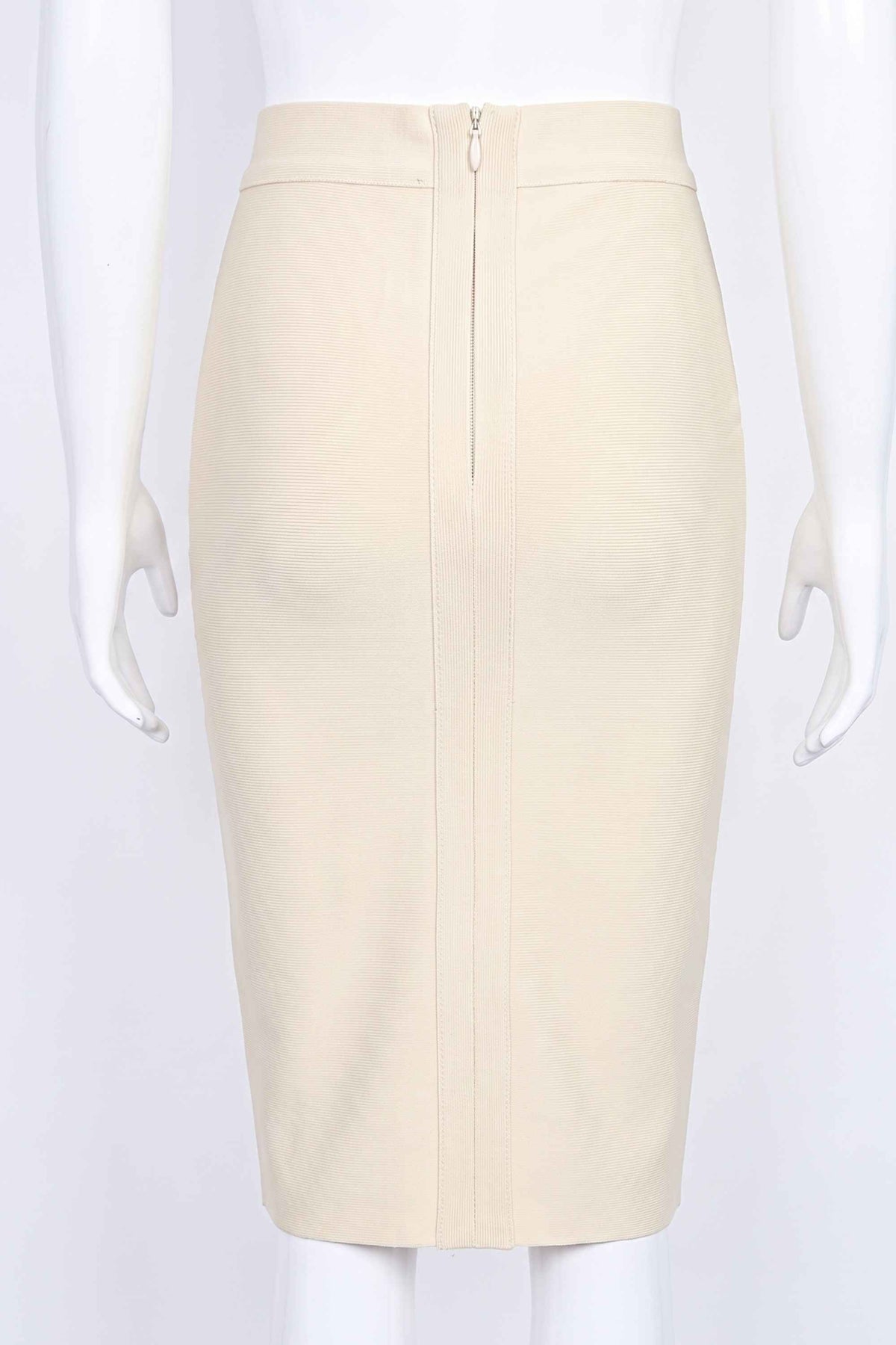 Woman wearing a figure flattering Pencil High Waist Bandage Knee Length Skirt - Cream BODYCON COLLECTION