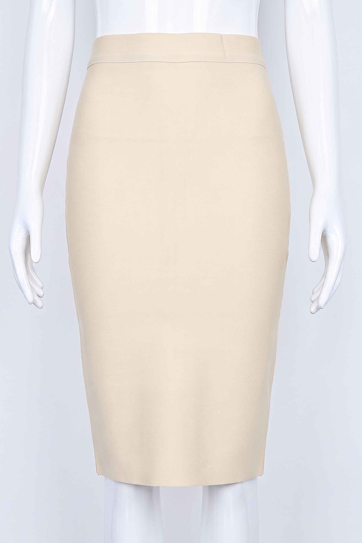 Woman wearing a figure flattering Pencil High Waist Bandage Knee Length Skirt - Cream BODYCON COLLECTION