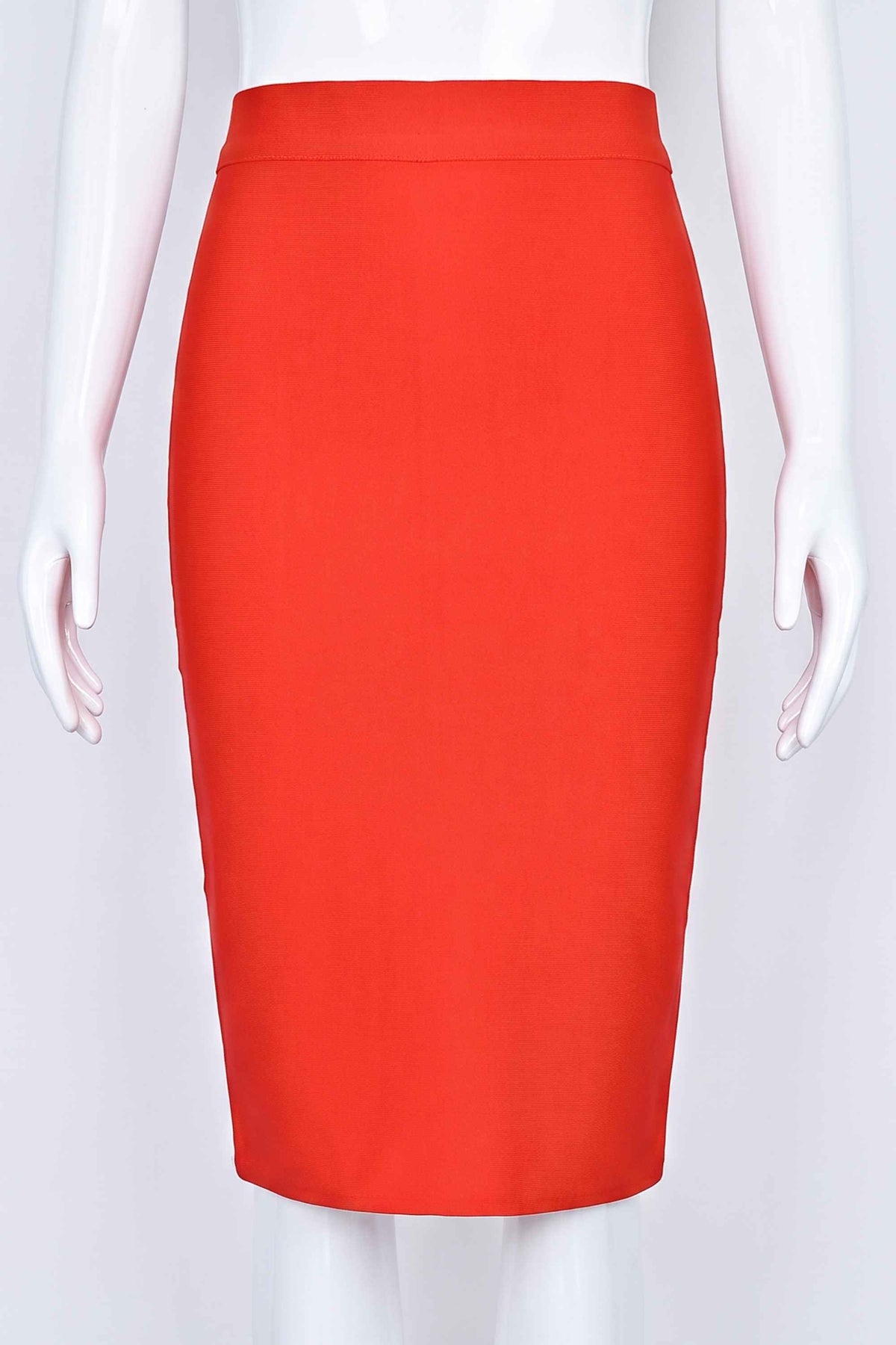 Woman wearing a figure flattering Pencil High Waist Bandage Knee Length Skirt - Lipstick Red BODYCON COLLECTION
