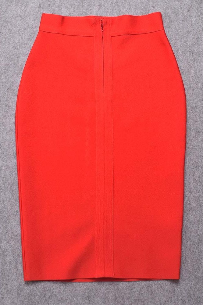 Woman wearing a figure flattering Pencil High Waist Bandage Knee Length Skirt - Lipstick Red BODYCON COLLECTION