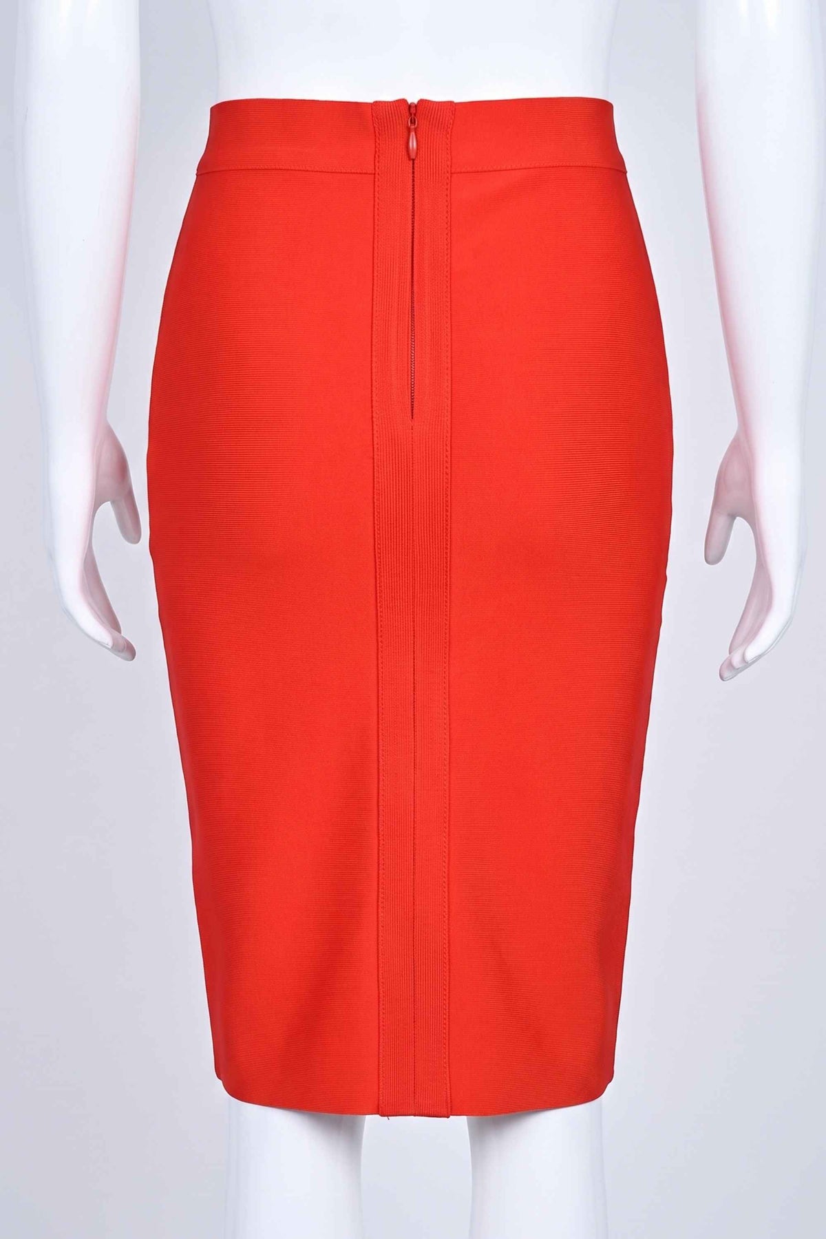 Woman wearing a figure flattering Pencil High Waist Bandage Knee Length Skirt - Lipstick Red BODYCON COLLECTION