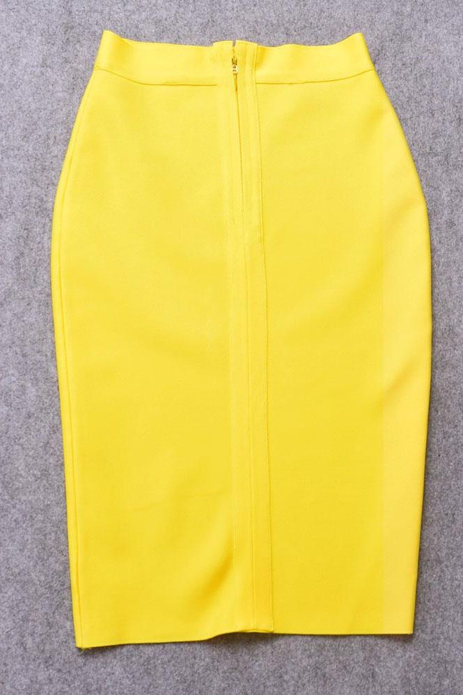Woman wearing a figure flattering  Pencil High Waist Bandage Knee Length Skirt - Sun Yellow BODYCON COLLECTION