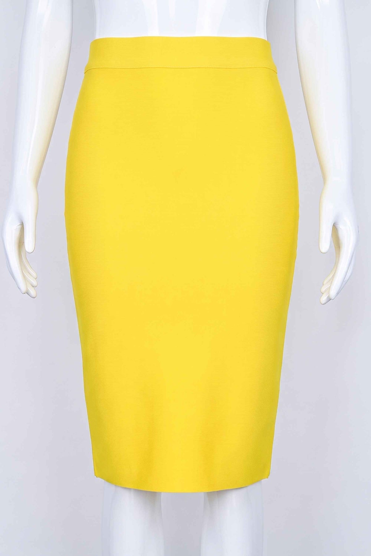 Woman wearing a figure flattering Pencil High Waist Bandage Knee Length Skirt - Sun Yellow BODYCON COLLECTION