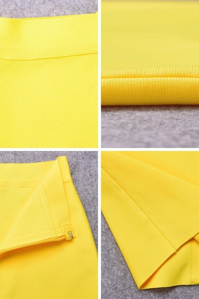 Woman wearing a figure flattering  Pencil High Waist Bandage Knee Length Skirt - Sun Yellow BODYCON COLLECTION
