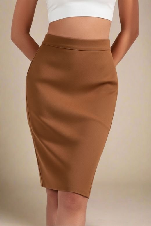 Woman wearing a figure flattering  Pencil High Waist Bandage Knee Length Skirt - Tan Brown BODYCON COLLECTION