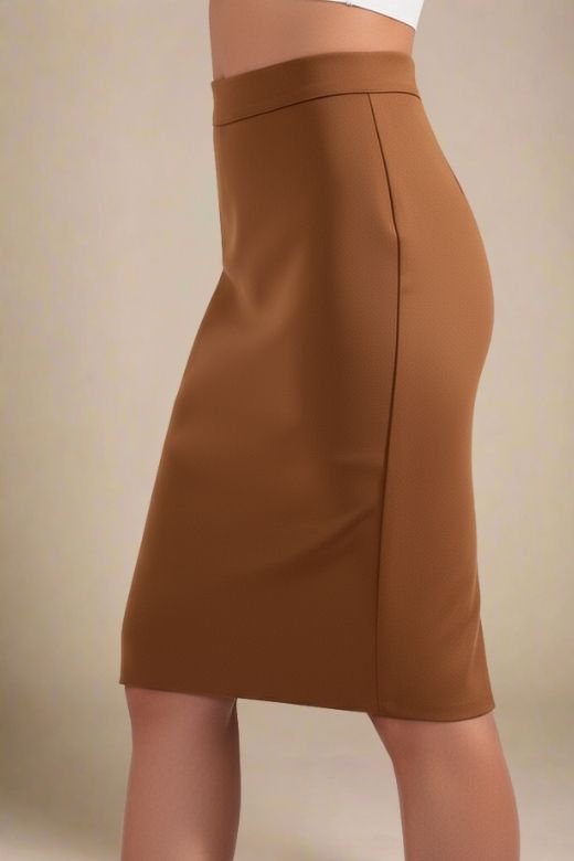 Woman wearing a figure flattering  Pencil High Waist Bandage Knee Length Skirt - Tan Brown BODYCON COLLECTION