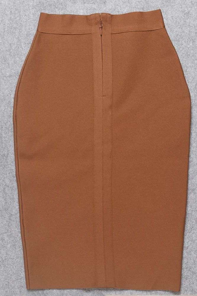 Woman wearing a figure flattering  Pencil High Waist Bandage Knee Length Skirt - Tan Brown BODYCON COLLECTION