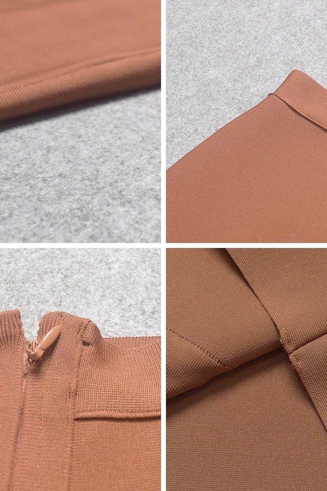 Woman wearing a figure flattering  Pencil High Waist Bandage Knee Length Skirt - Tan Brown BODYCON COLLECTION