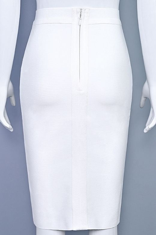 Woman wearing a figure flattering Pencil High Waist Bandage Knee Length Skirt - White Pearl BODYCON COLLECTION