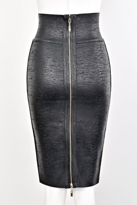 Woman wearing a figure flattering Pencil High Waist Bandage Metallic Midi Skirt - Classic Black BODYCON COLLECTION