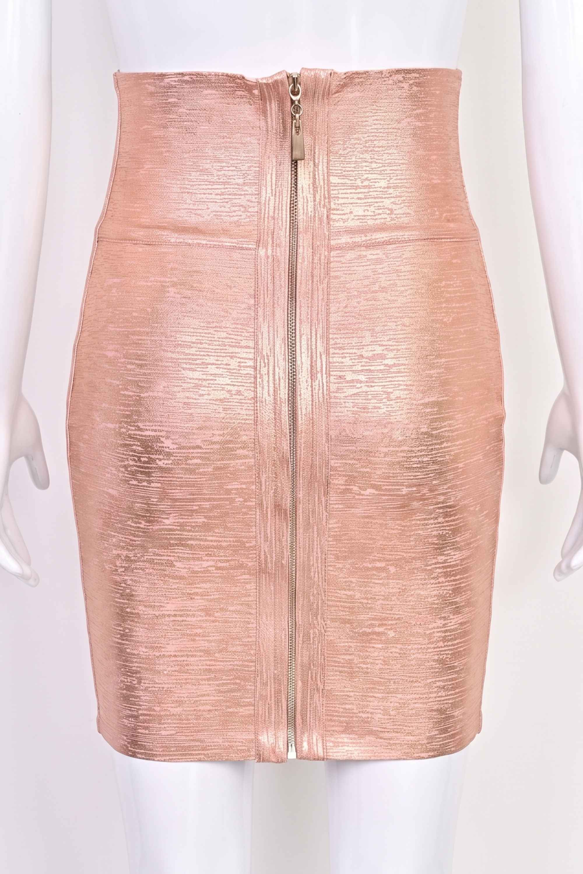 Woman wearing a figure flattering Pencil High Waist Bandage Metallic Mini Skirt - Baby Pink BODYCON COLLECTION