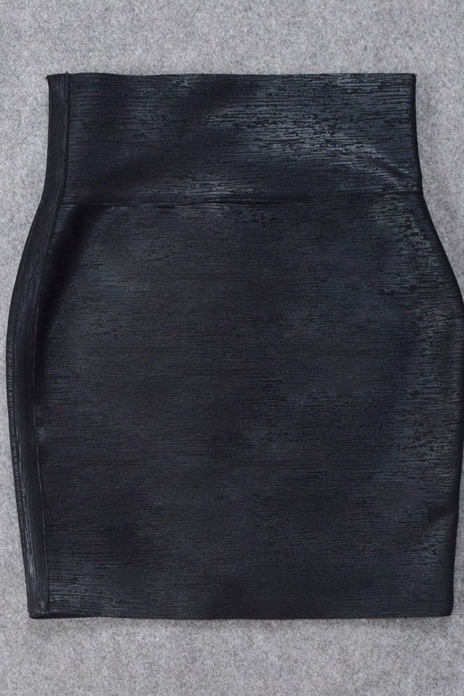 Woman wearing a figure flattering Pencil High Waist Bandage Metallic Mini Skirt - Classic Black BODYCON COLLECTION