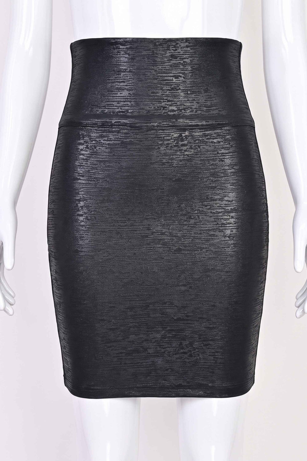 Woman wearing a figure flattering Pencil High Waist Bandage Metallic Mini Skirt - Classic Black BODYCON COLLECTION