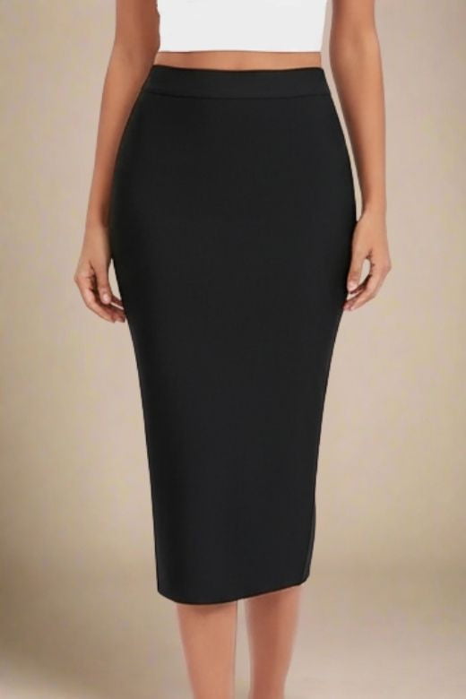 Woman wearing a figure flattering Pencil High Waist Bandage Midi Skirt - Classic Black BODYCON COLLECTION