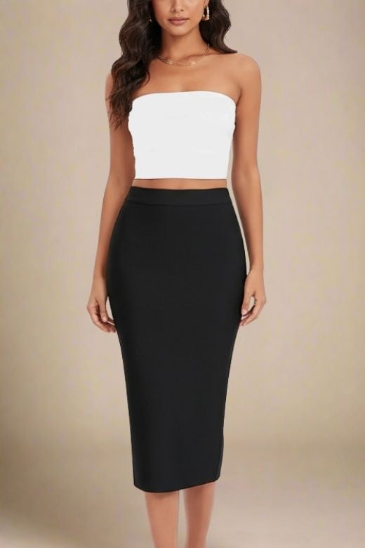 Woman wearing a figure flattering Pencil High Waist Bandage Midi Skirt - Classic Black BODYCON COLLECTION
