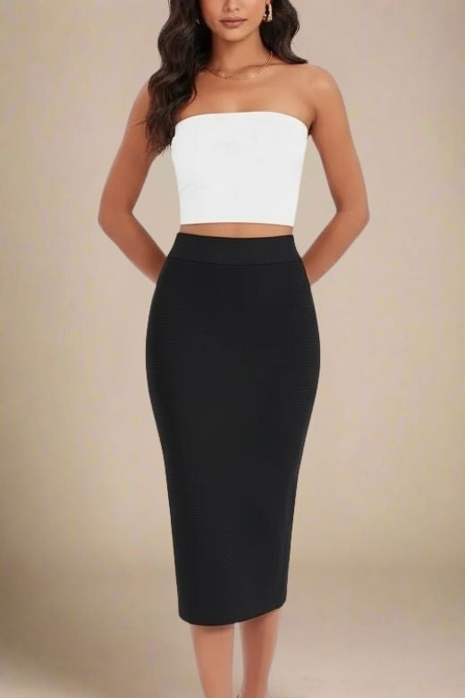 Woman wearing a figure flattering Pencil High Waist Bandage Midi Skirt - Classic Black BODYCON COLLECTION