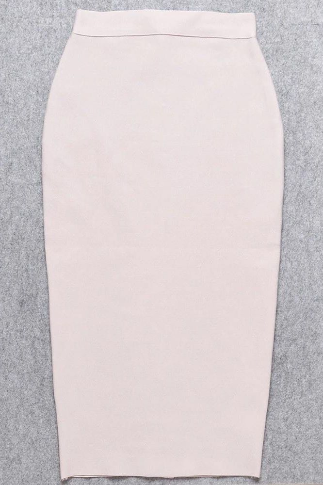 Woman wearing a figure flattering  Pencil High Waist Bandage Midi Skirt - Cream BODYCON COLLECTION