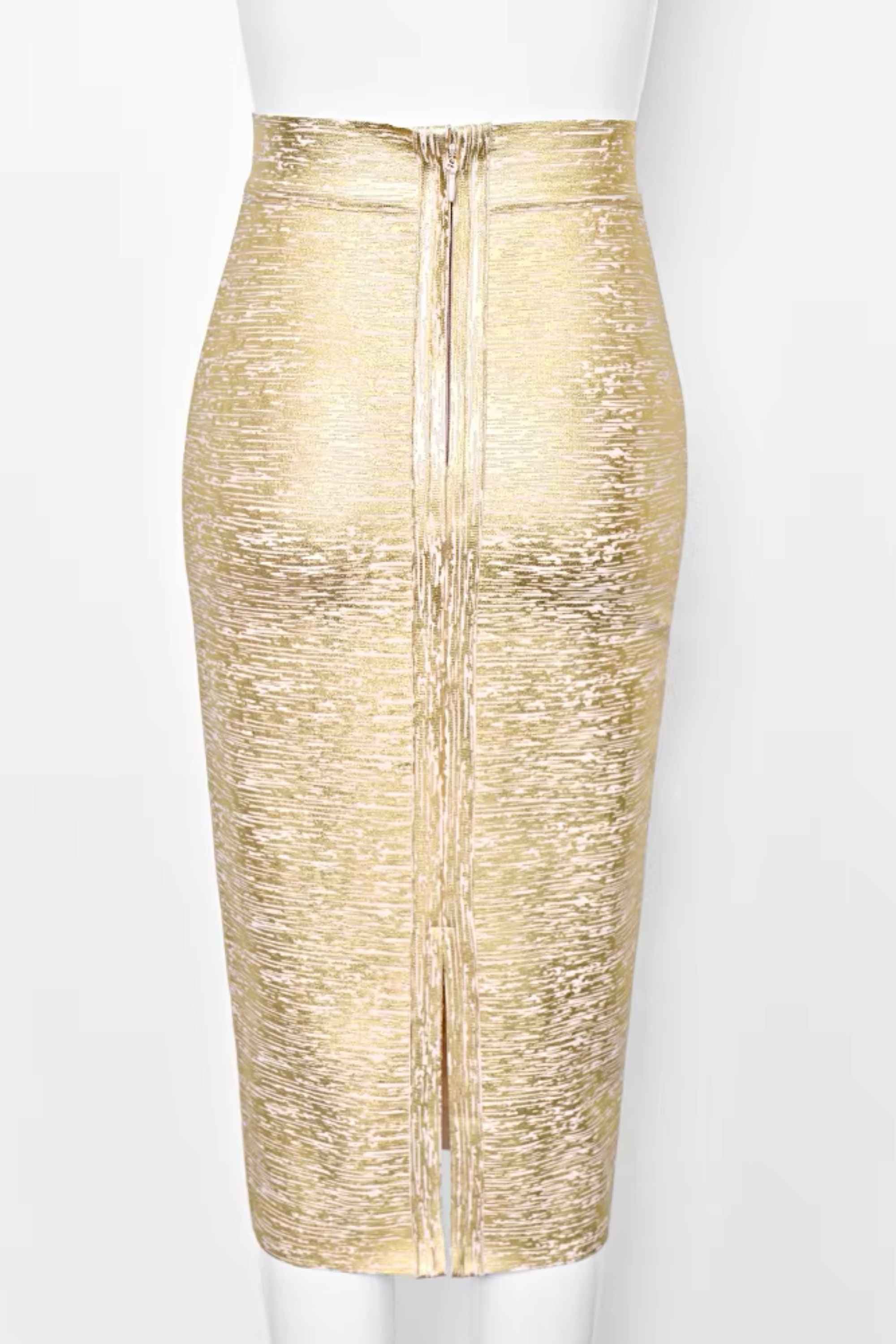 Woman wearing a figure flattering Pencil High Waist Bandage Midi Skirt - Gold BODYCON COLLECTION