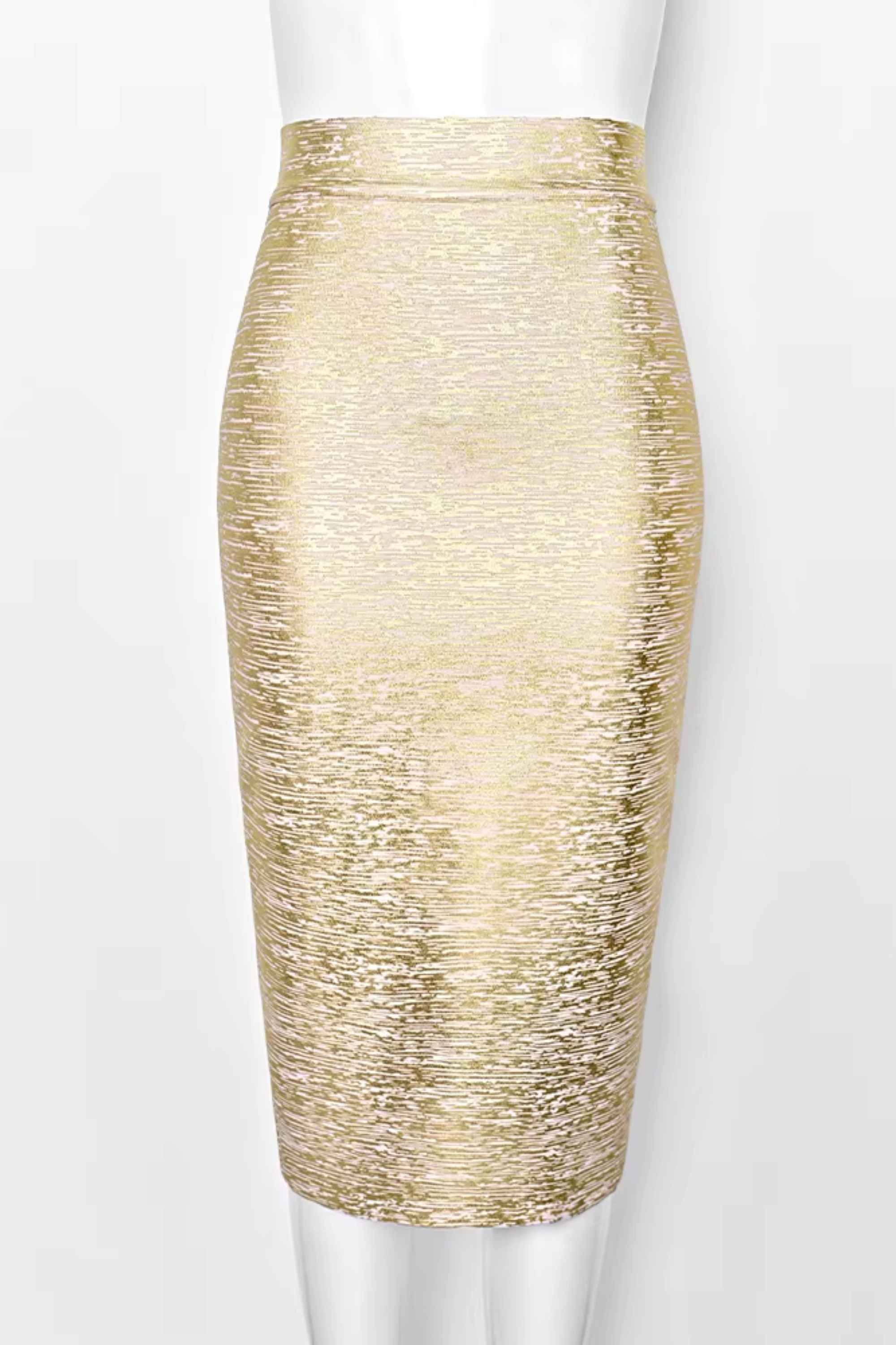 Woman wearing a figure flattering Pencil High Waist Bandage Midi Skirt - Gold BODYCON COLLECTION