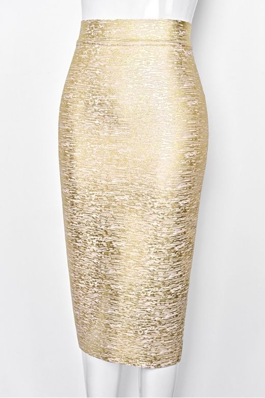 Woman wearing a figure flattering Pencil High Waist Bandage Midi Skirt - Gold BODYCON COLLECTION