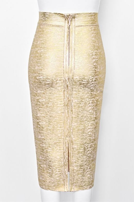 Woman wearing a figure flattering Pencil High Waist Bandage Midi Skirt - Gold BODYCON COLLECTION