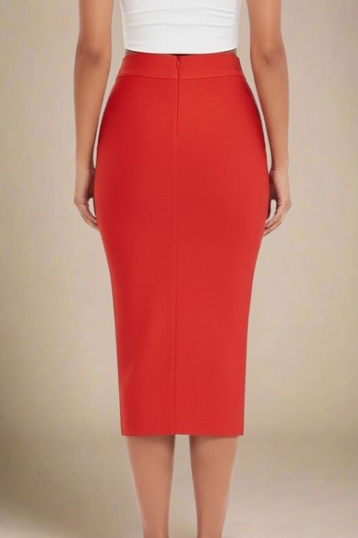 Woman wearing a figure flattering Pencil High Waist Bandage Midi Skirt - Lipstick Red BODYCON COLLECTION