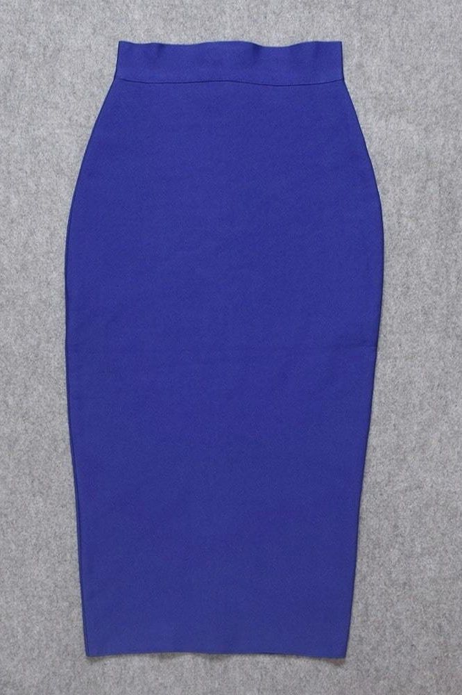 Woman wearing a figure flattering Pencil High Waist Bandage Midi Skirt - Navy Blue BODYCON COLLECTION