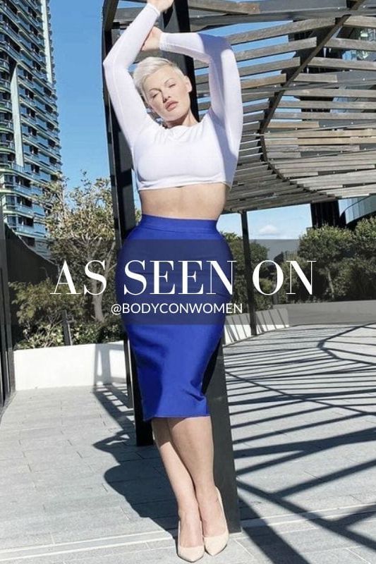 Woman wearing a figure flattering Pencil High Waist Bandage Midi Skirt - Navy Blue BODYCON COLLECTION