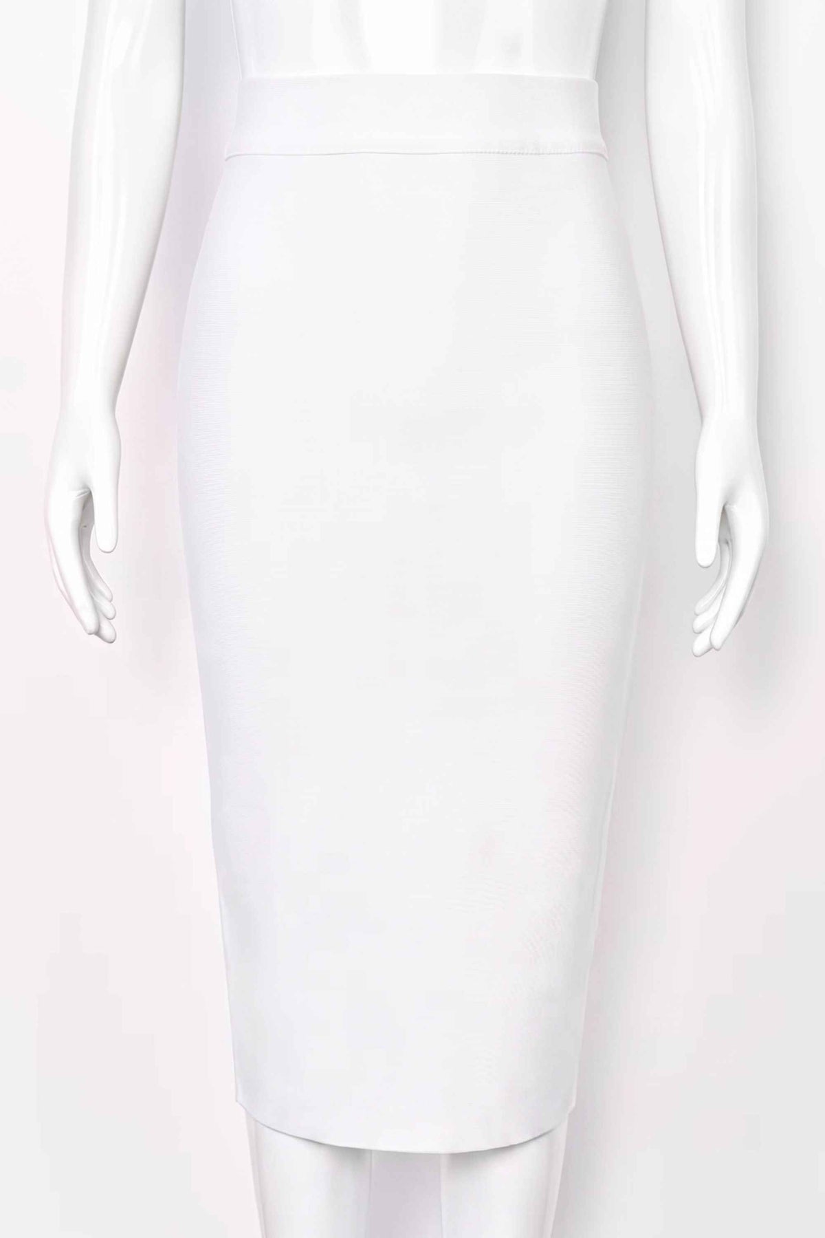 Woman wearing a figure flattering Pencil High Waist Bandage Midi Skirt - Pearl White BODYCON COLLECTION