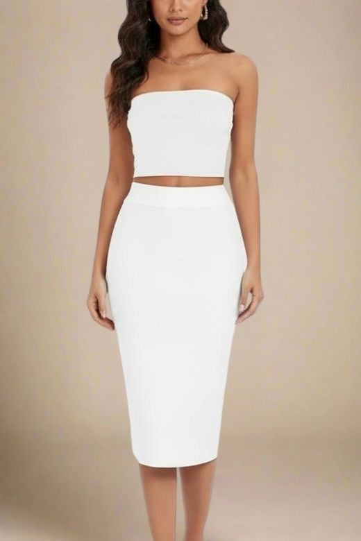 Woman wearing a figure flattering Pencil High Waist Bandage Midi Skirt - Pearl White BODYCON COLLECTION