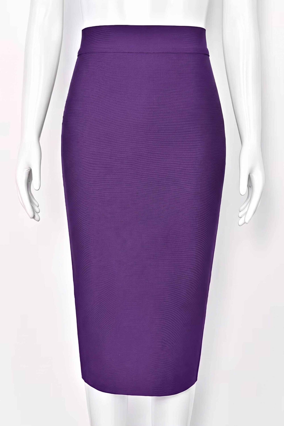 Woman wearing a figure flattering Pencil High Waist Bandage Midi Skirt - Plum Purple BODYCON COLLECTION