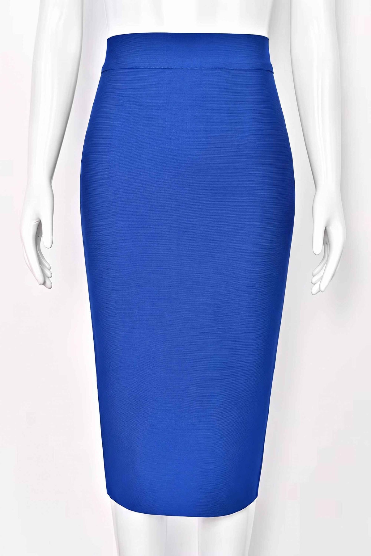 Woman wearing a figure flattering Pencil High Waist Bandage Midi Skirt - Royal Blue BODYCON COLLECTION