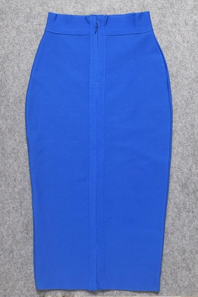 Woman wearing a figure flattering Pencil High Waist Bandage Midi Skirt - Royal Blue BODYCON COLLECTION
