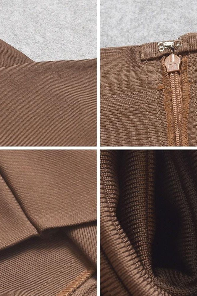Woman wearing a figure flattering  Pencil High Waist Bandage Midi Skirt - Tan Brown BODYCON COLLECTION