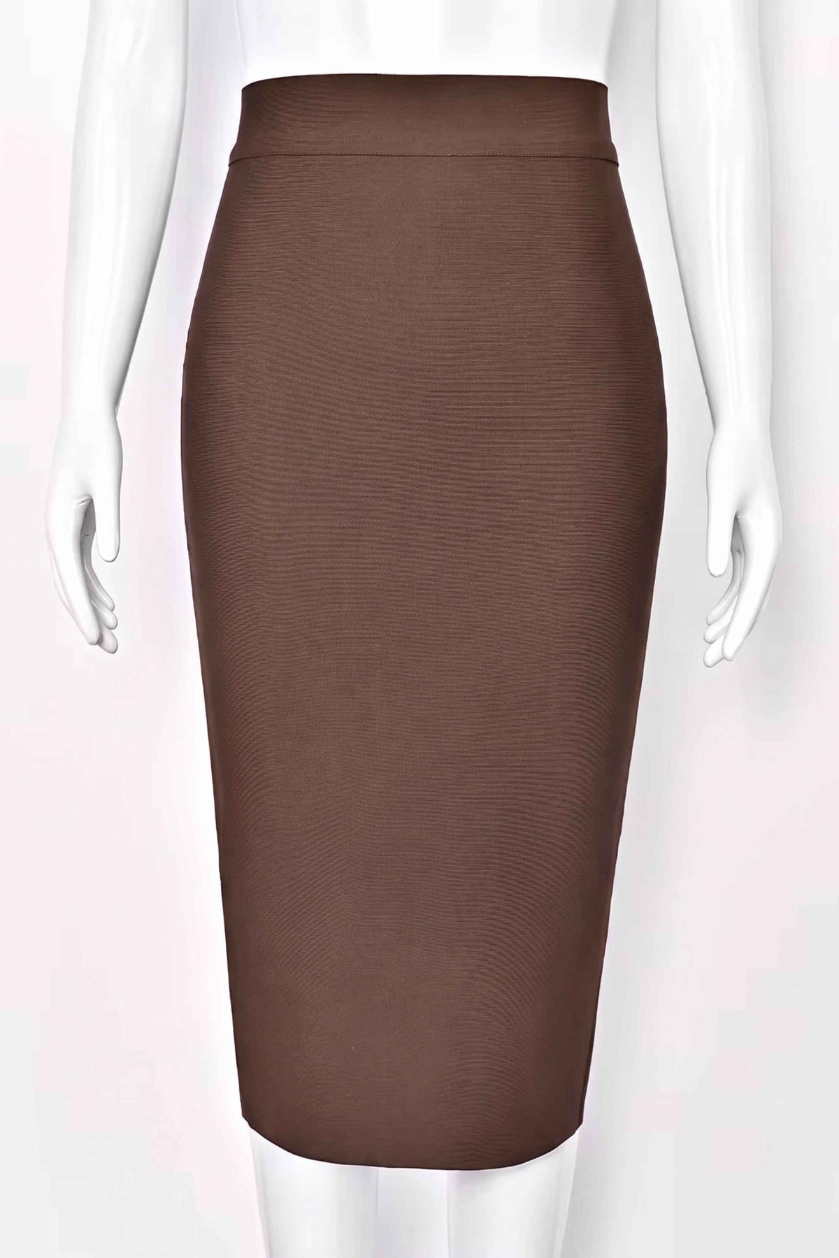 Woman wearing a figure flattering Pencil High Waist Bandage Midi Skirt - Tan Brown BODYCON COLLECTION