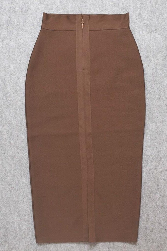 Woman wearing a figure flattering Pencil High Waist Bandage Midi Skirt - Tan Brown BODYCON COLLECTION