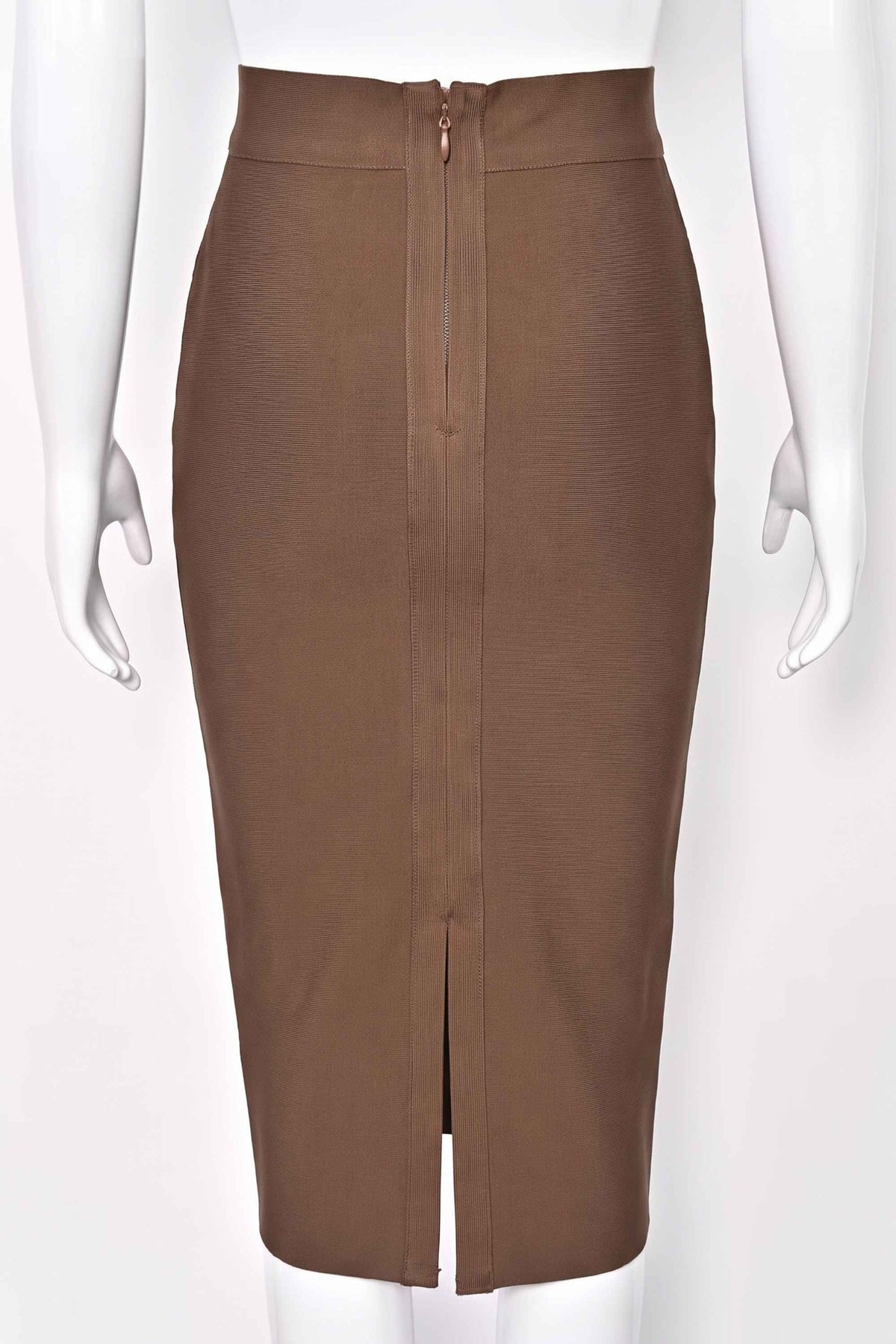Woman wearing a figure flattering Pencil High Waist Bandage Midi Skirt - Tan Brown BODYCON COLLECTION