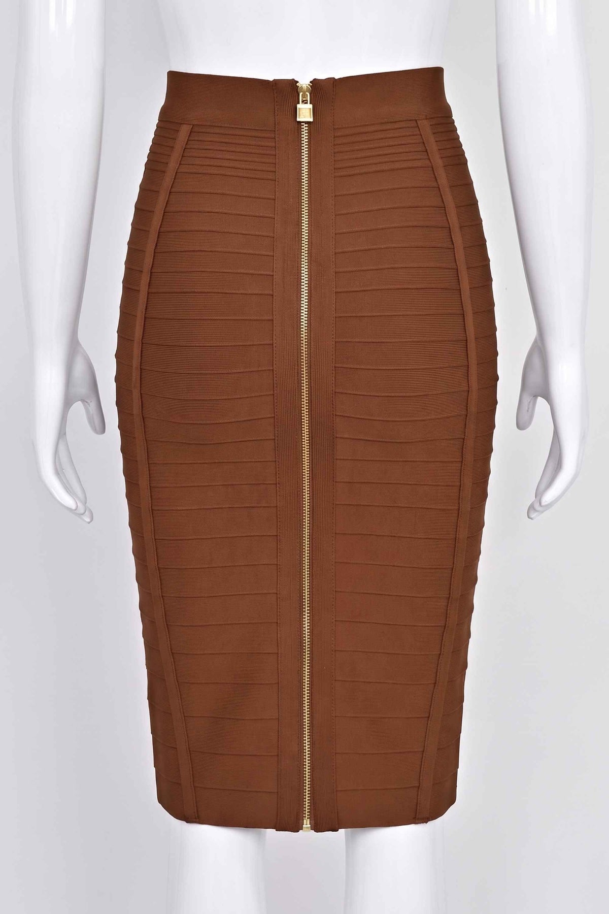 Woman wearing a figure flattering Pencil High Waist Knitted Knee Length Skirt - Tan Brown BODYCON COLLECTION