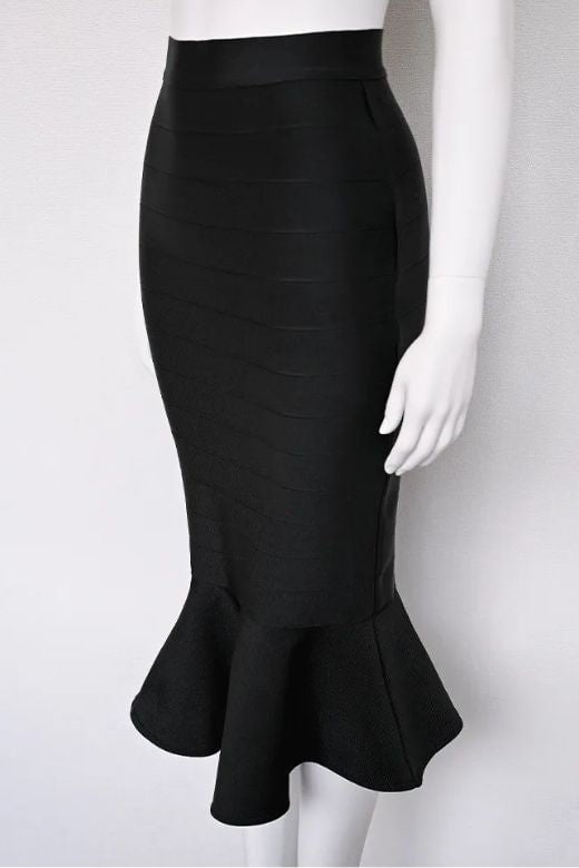 Woman wearing a figure flattering Peplum High Waist Bandage Midi Skirt - Classic Black BODYCON COLLECTION