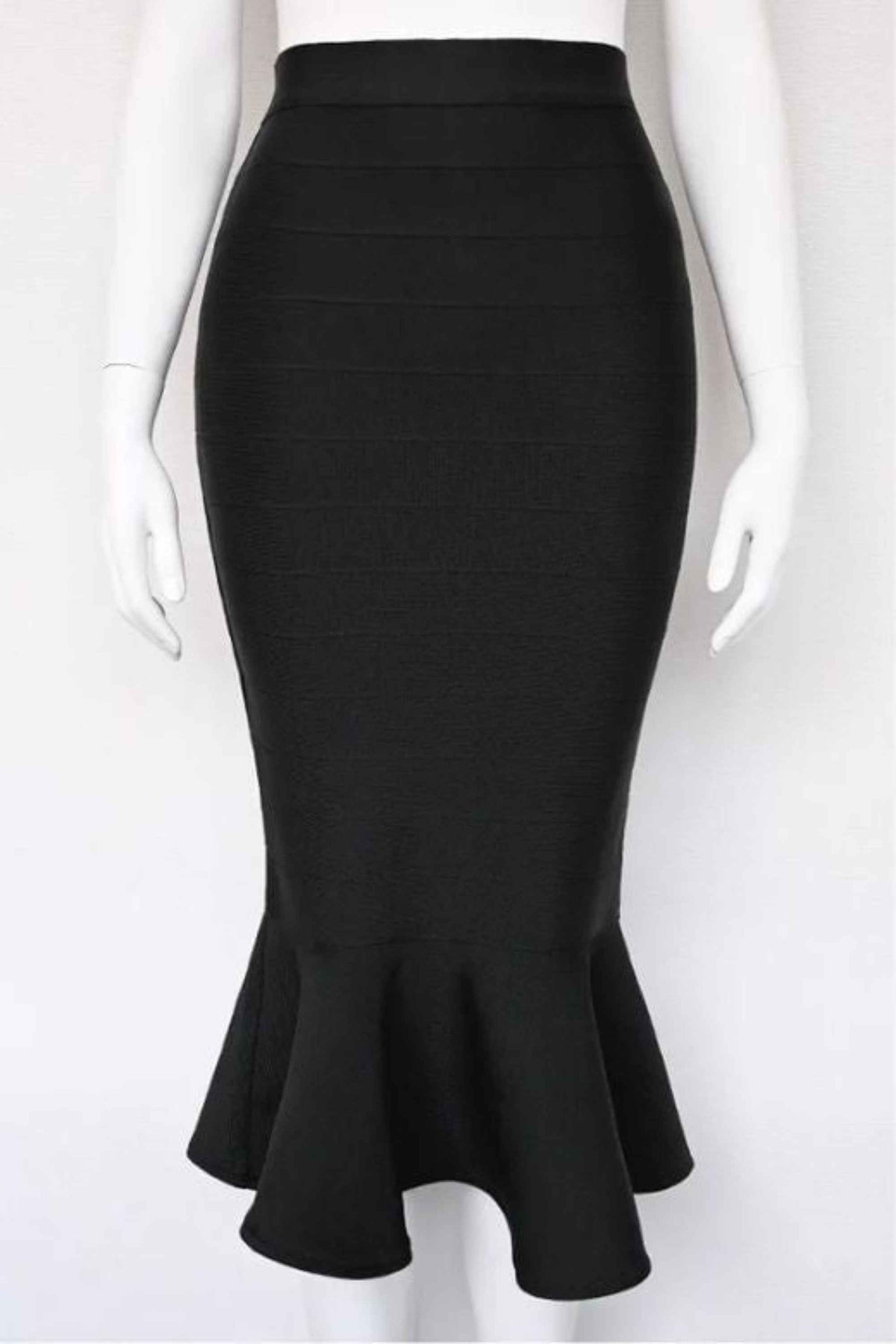 Woman wearing a figure flattering Peplum High Waist Bandage Midi Skirt - Classic Black BODYCON COLLECTION