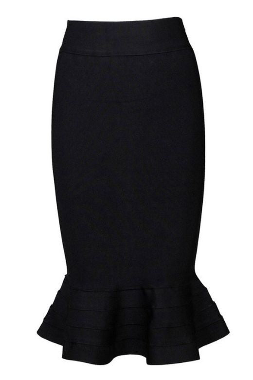 Woman wearing a figure flattering Peplum High Waist Bandage Midi Skirt - Classic Black BODYCON COLLECTION