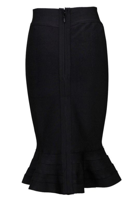 Woman wearing a figure flattering Peplum High Waist Bandage Midi Skirt - Classic Black BODYCON COLLECTION