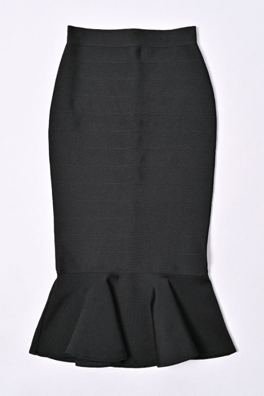 Woman wearing a figure flattering Peplum High Waist Bandage Midi Skirt - Classic Black BODYCON COLLECTION