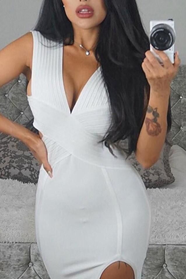 Woman wearing a figure flattering Pia Bandage Dress - Pearl White BODYCON COLLECTION