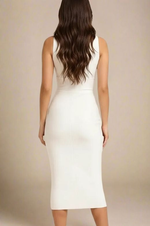 Woman wearing a figure flattering Pia Bandage Midi Dress - Pearl White BODYCON COLLECTION